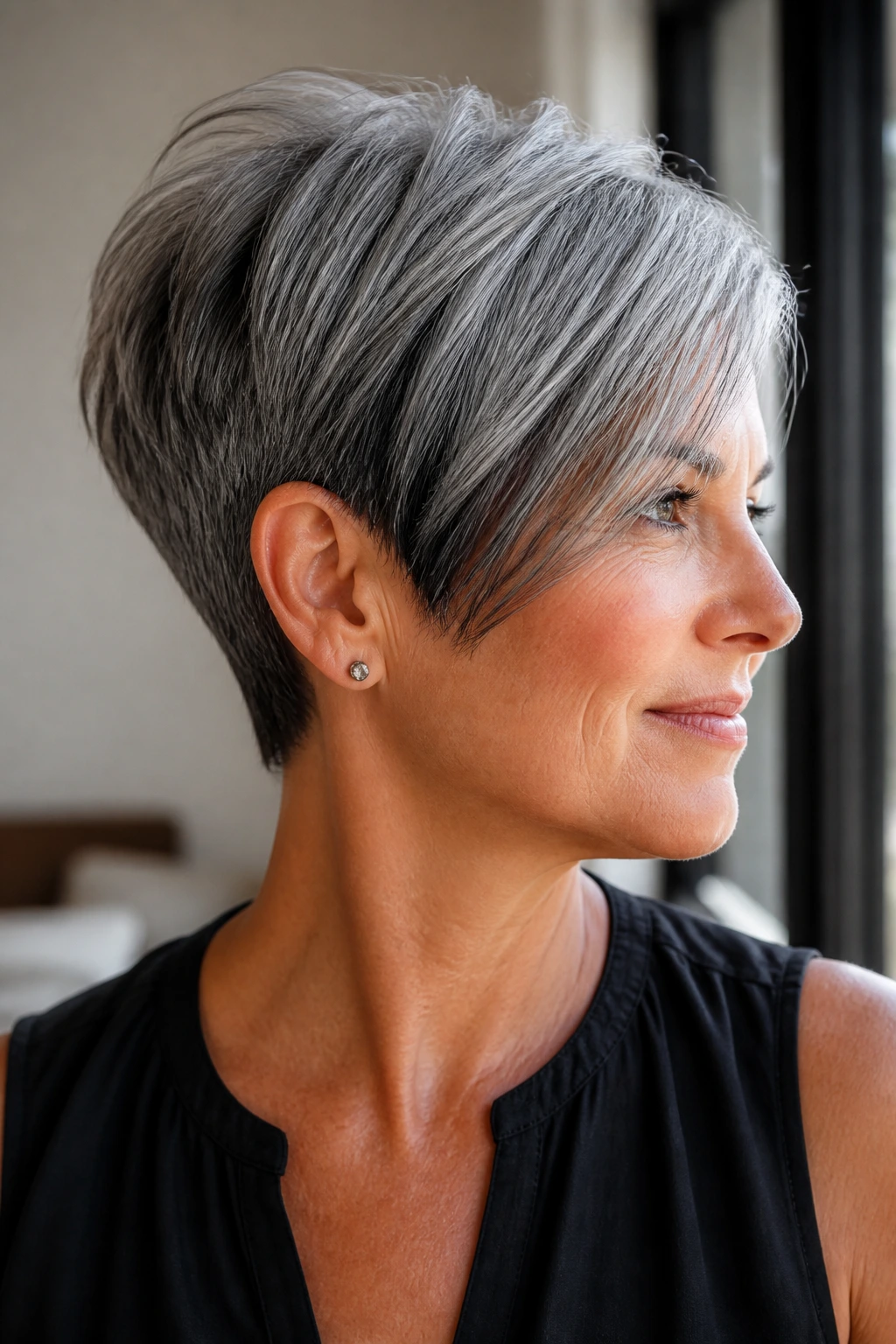 Real person with short gray hair showing hidden dimension underlights