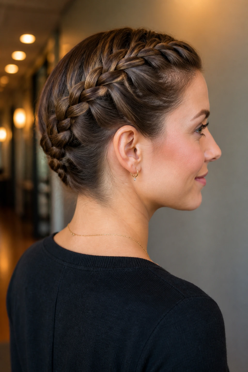 Close-up of a real woman with a Dutch braid and hidden elastic ends.