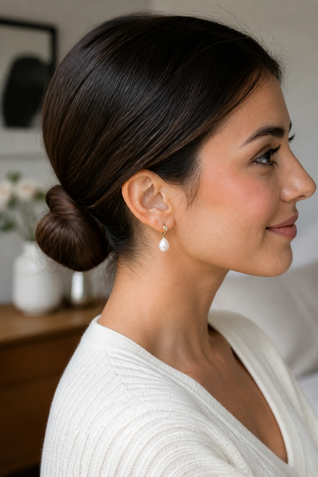 Hidden-elastic low bun on real woman, smooth neat bun.