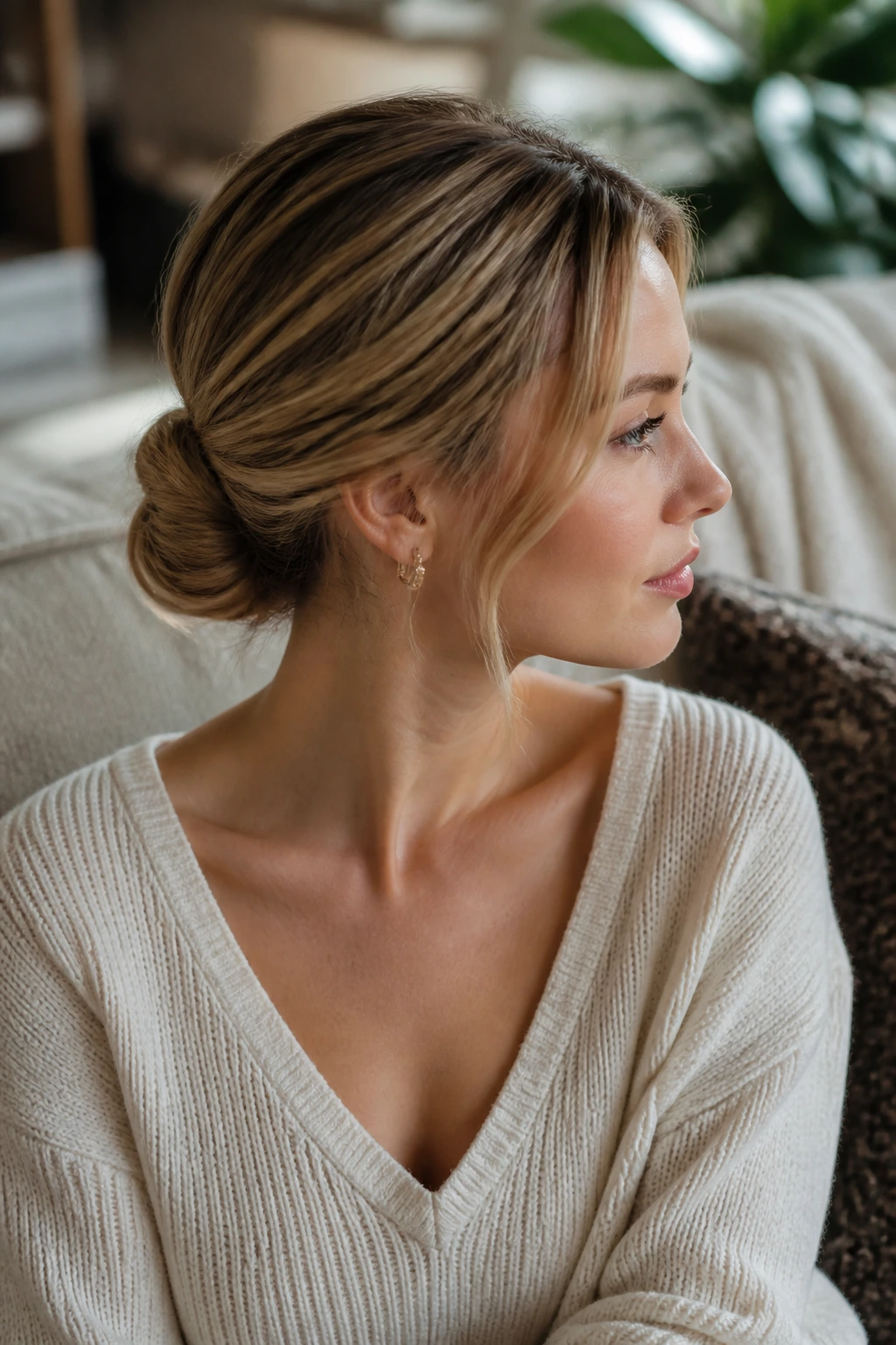 Close-up of a real woman with short layers tucked under a hidden-end bun at the nape