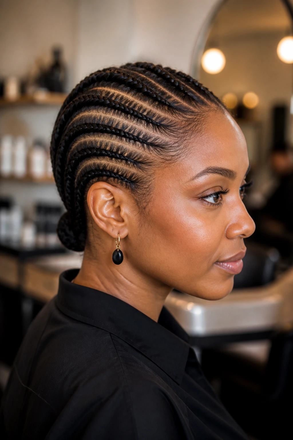 Close-up of a real woman with side cornrows and hidden ends for a clean finish