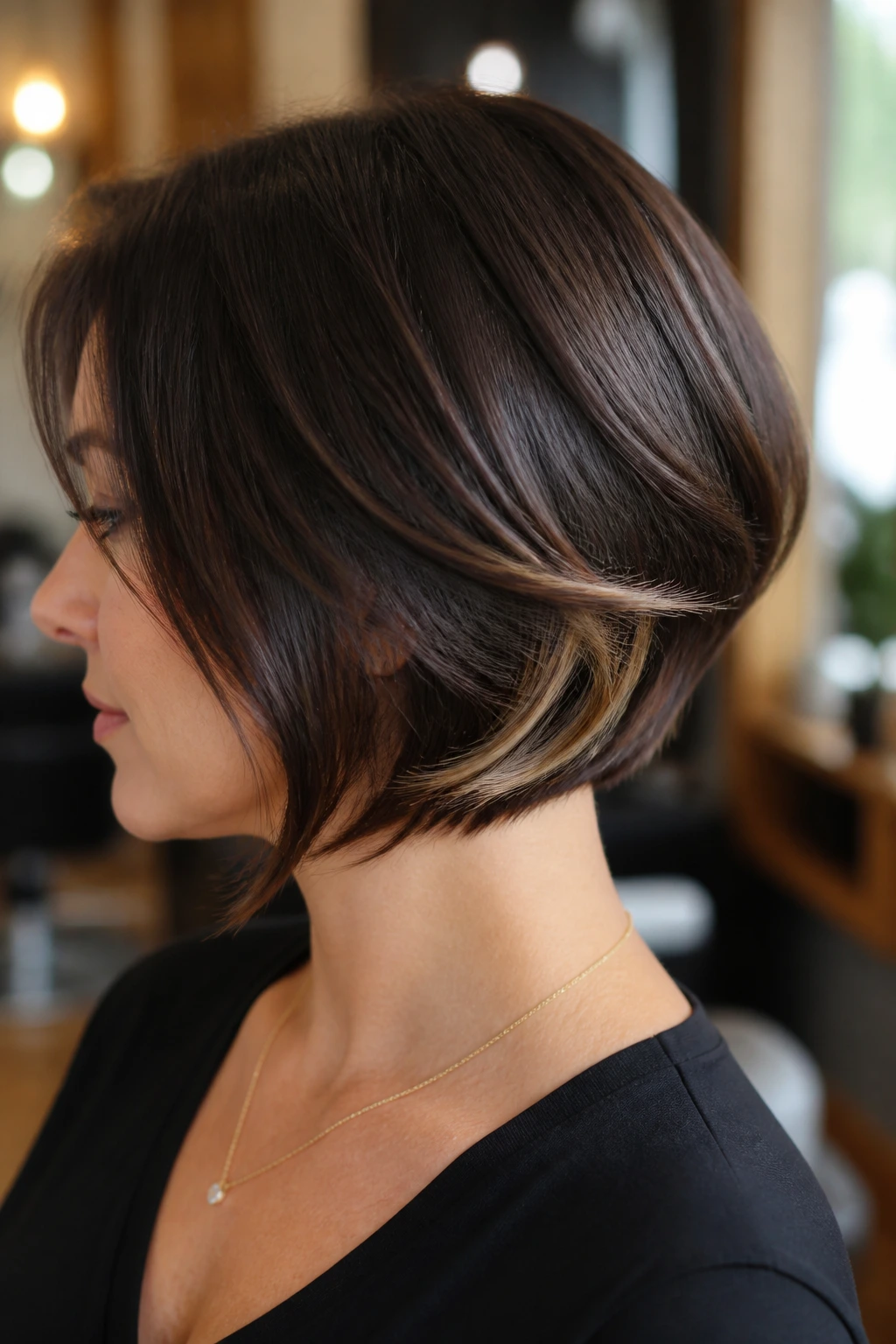 Real woman with hidden highlights in a stacked bob, subtle nape color visible