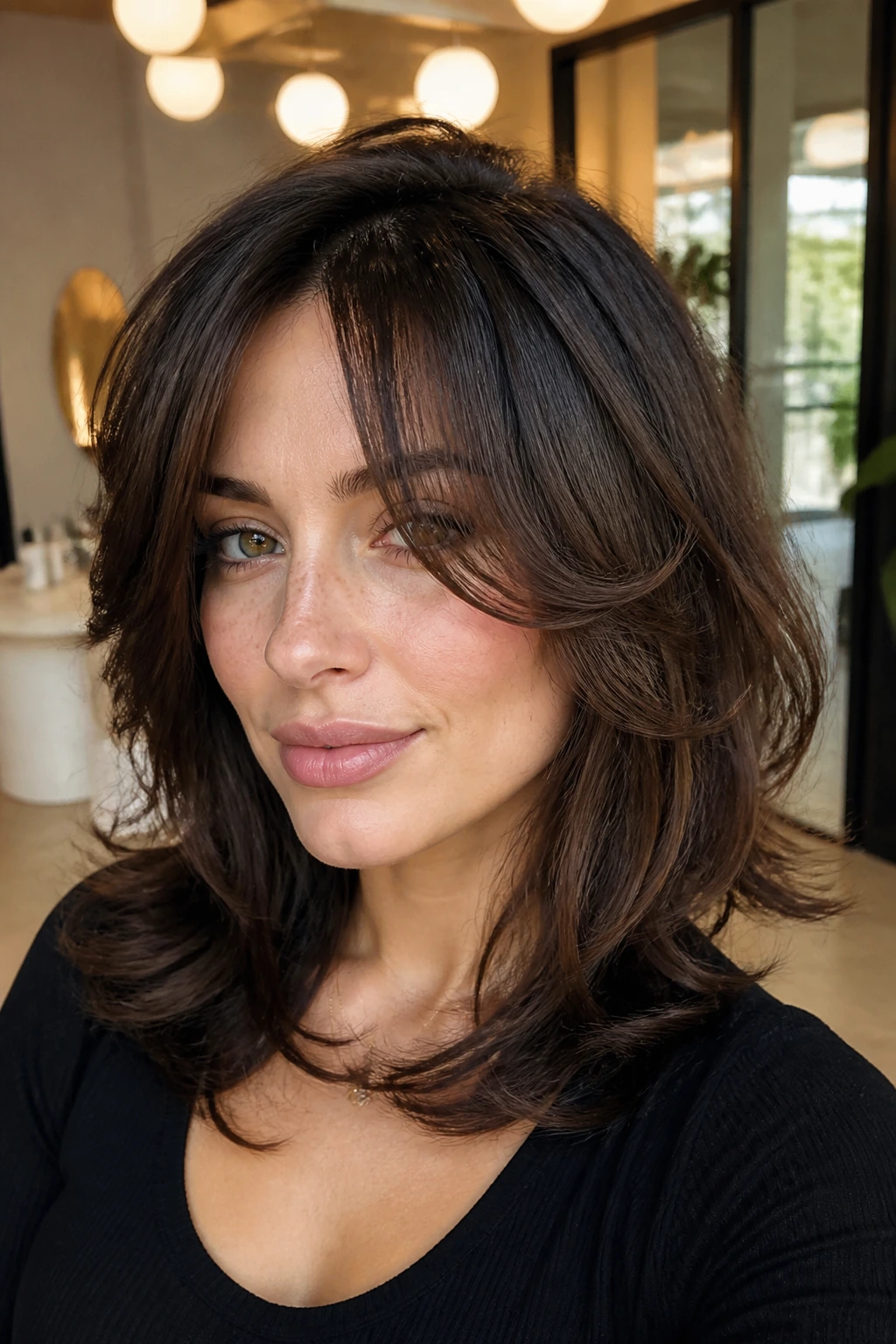Profile of a real woman with hidden-internal-layer shag in ambient interior light