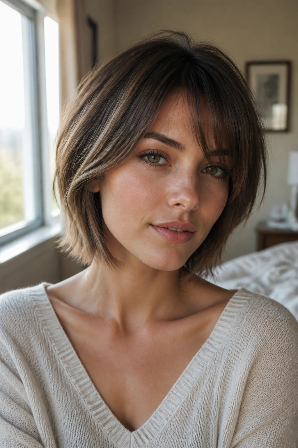 Close-up of a real woman with hidden-layer bangs blending into layered hair in a cozy bedroom.