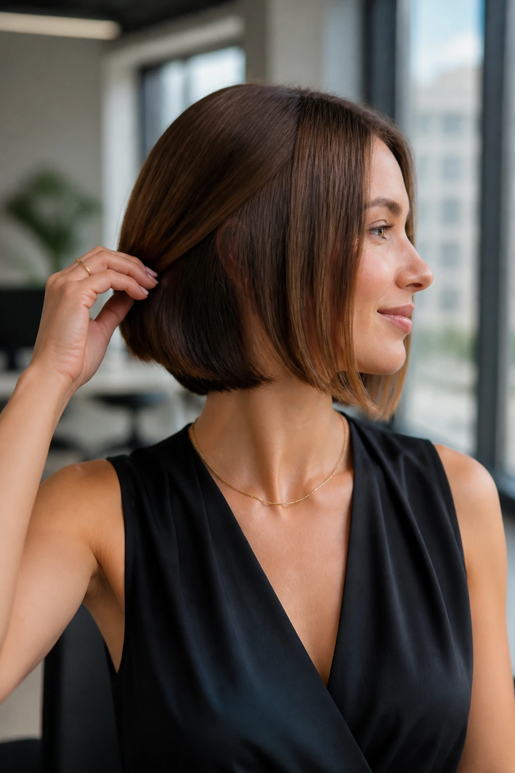 Close-up of a real person with a hidden-layer bob showing a clean front