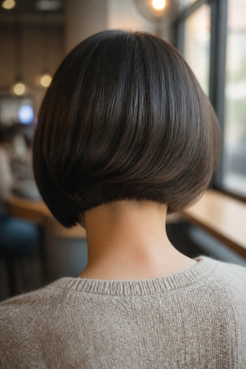 Back view of a real woman with hidden-layer bob showing smooth outer silhouette