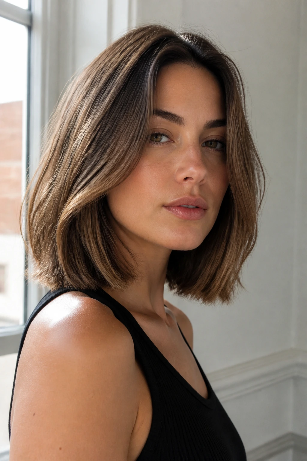 Portrait of real person with hidden-layer lob showing inner movement beneath a clean outer line.