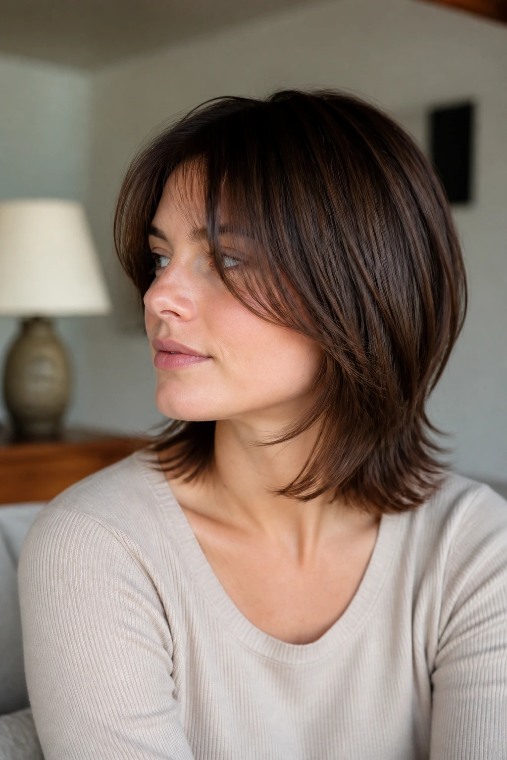 Close-up of a real person with hidden-layer shag showing smooth top and concealed layers