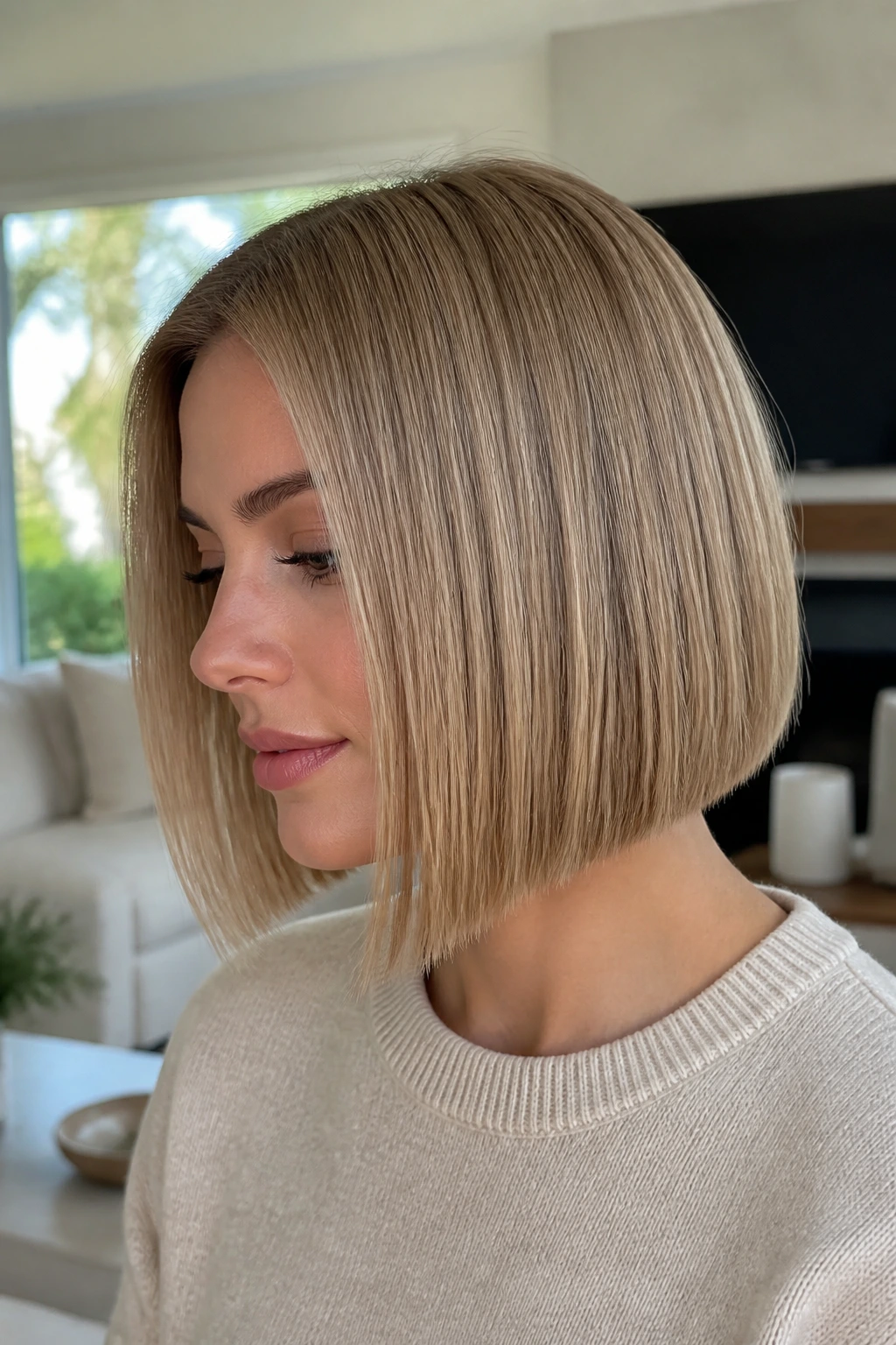 Portrait of a woman with a blunt bob showing invisible internal layers under natural light.
