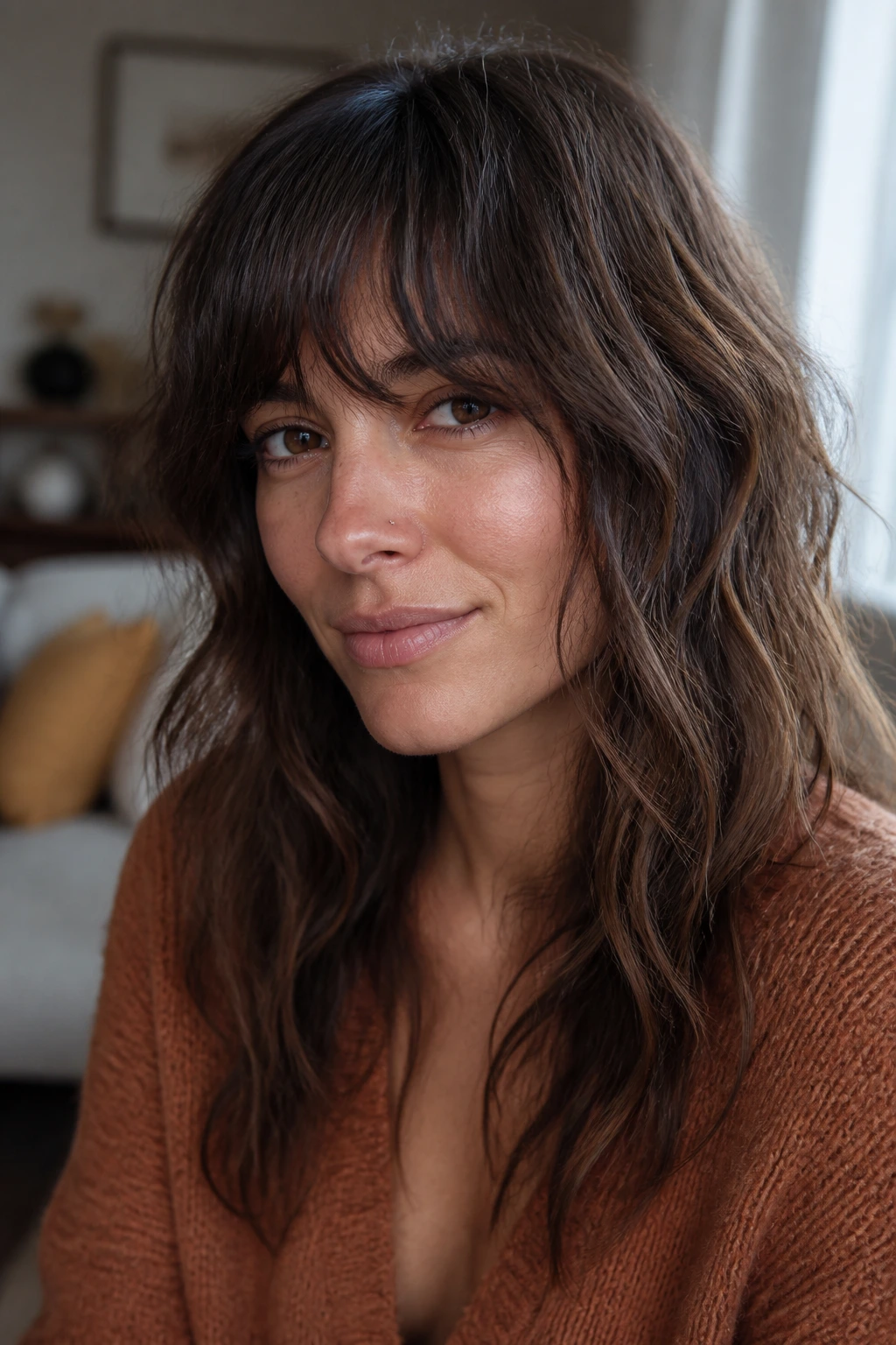 Close-up of a woman with hidden internal layer shag and soft bangs.