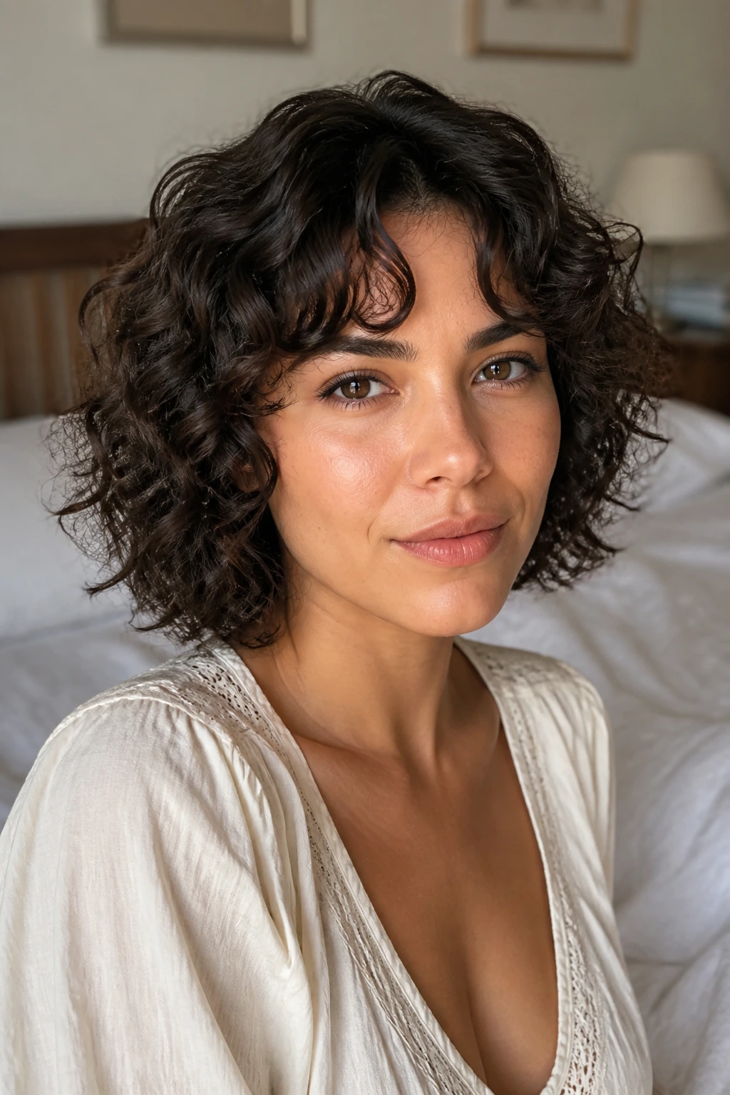 Close-up of a real woman with hidden-middle split fringe on curly hair in natural window light