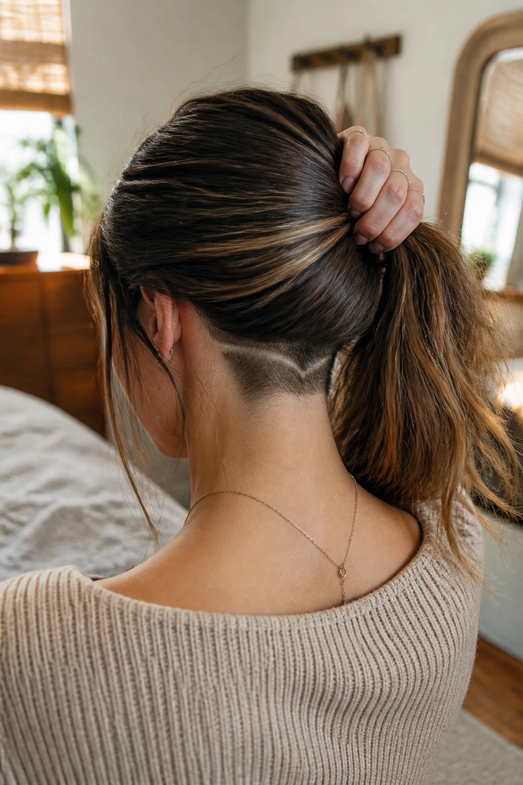 Rear view with long hair up showing hidden nape shave