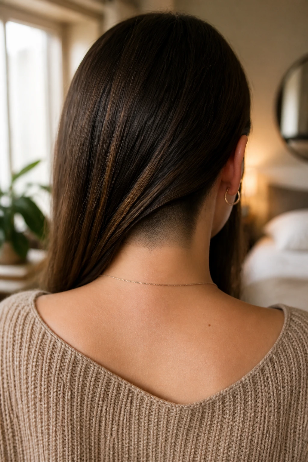 Back view showing hair covering a hidden nape strip