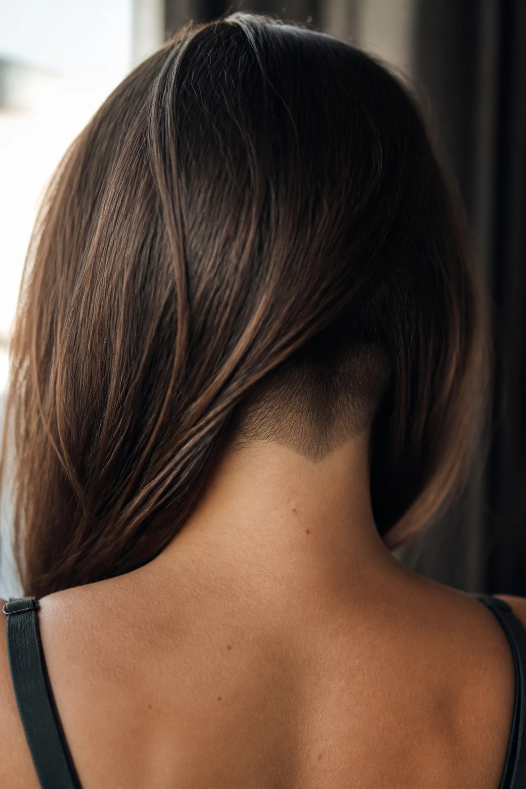 Portrait of a woman with a hidden nape undercut visible at the neckline when hair is lifted