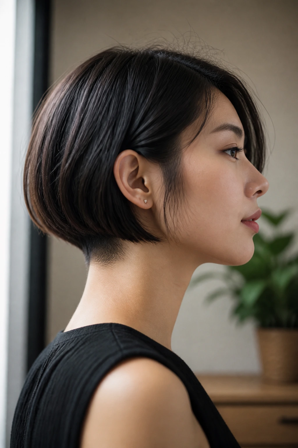 Portrait of a real Asian woman with hidden nape undercut bob