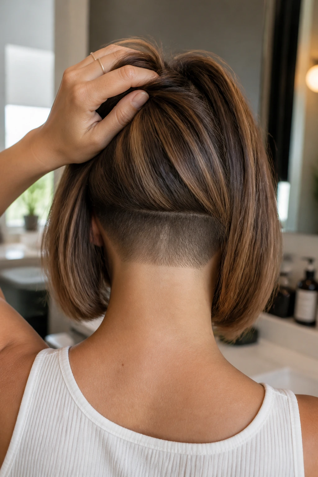 Back view of a lob haircut with hidden nape undercut visible beneath hair