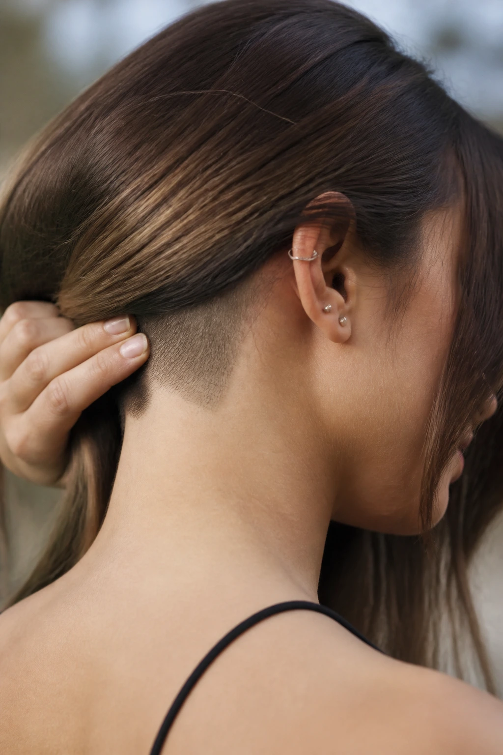 Portrait showing hidden nape undercut beneath long hair.