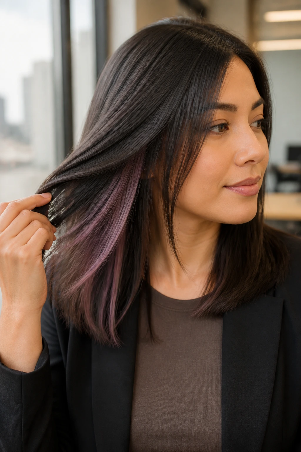 Close-up of real woman with hidden peekaboo highlights under top layer