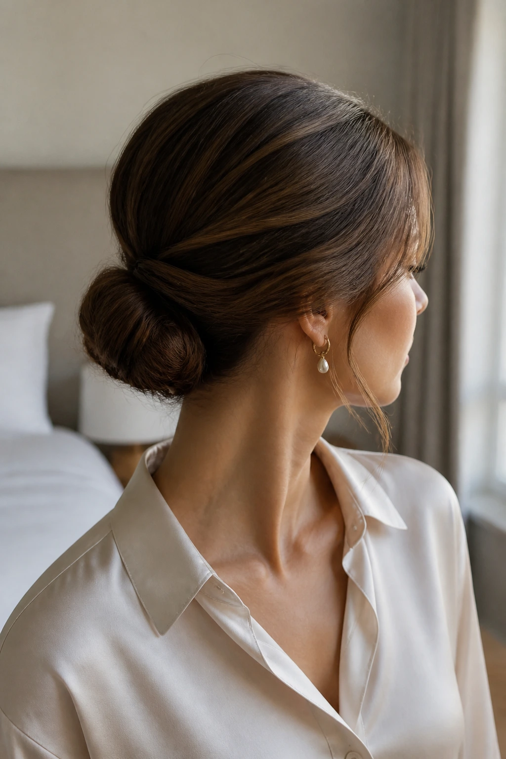 Portrait of a real woman with a hidden-pin low bun and seamless finish