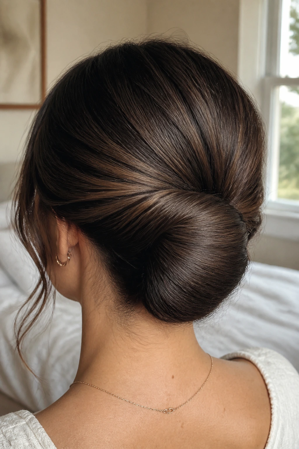 Back view of a real woman with a hidden-pin roll bun