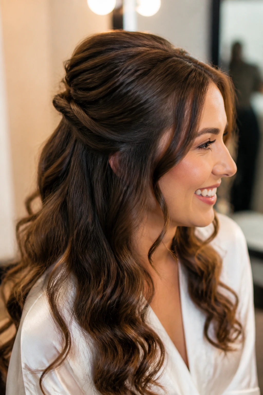Real woman with hidden pins anchoring a half-up hairstyle