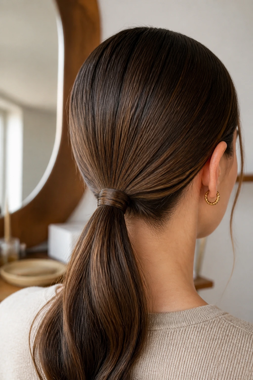Back view of real woman with hidden pins in a low ponytail.