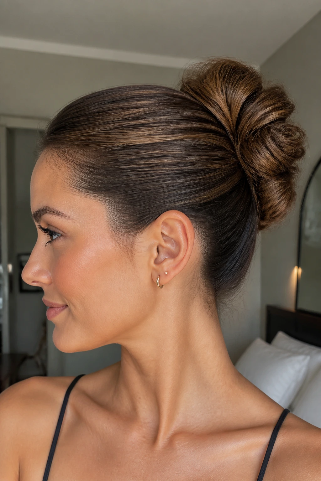 Close-up of a real woman with a hidden-texture bun featuring a sleek top layer and teased interior