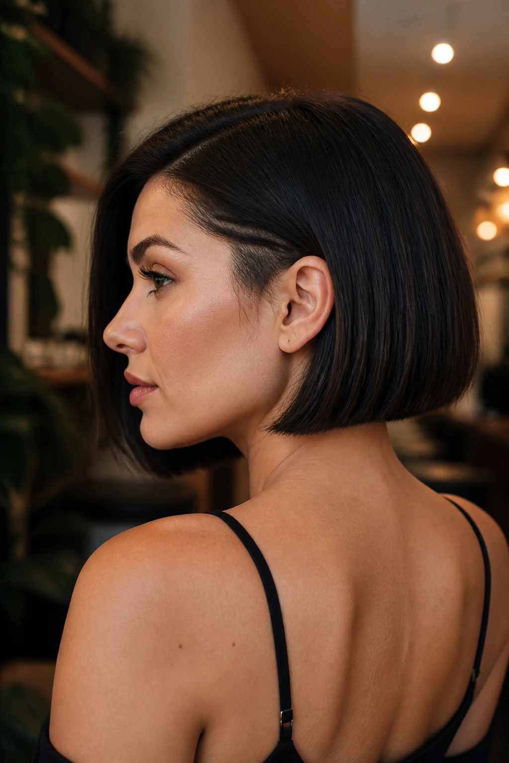 Close-up of a real woman with a blunt bob hiding an undercut