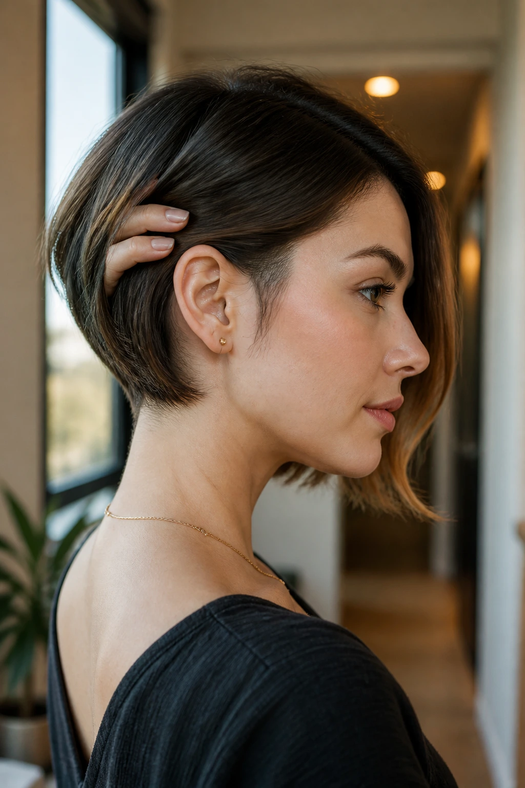 Profile view of real woman with Hidden Undercut Bob showing a subtle undercut behind the ear