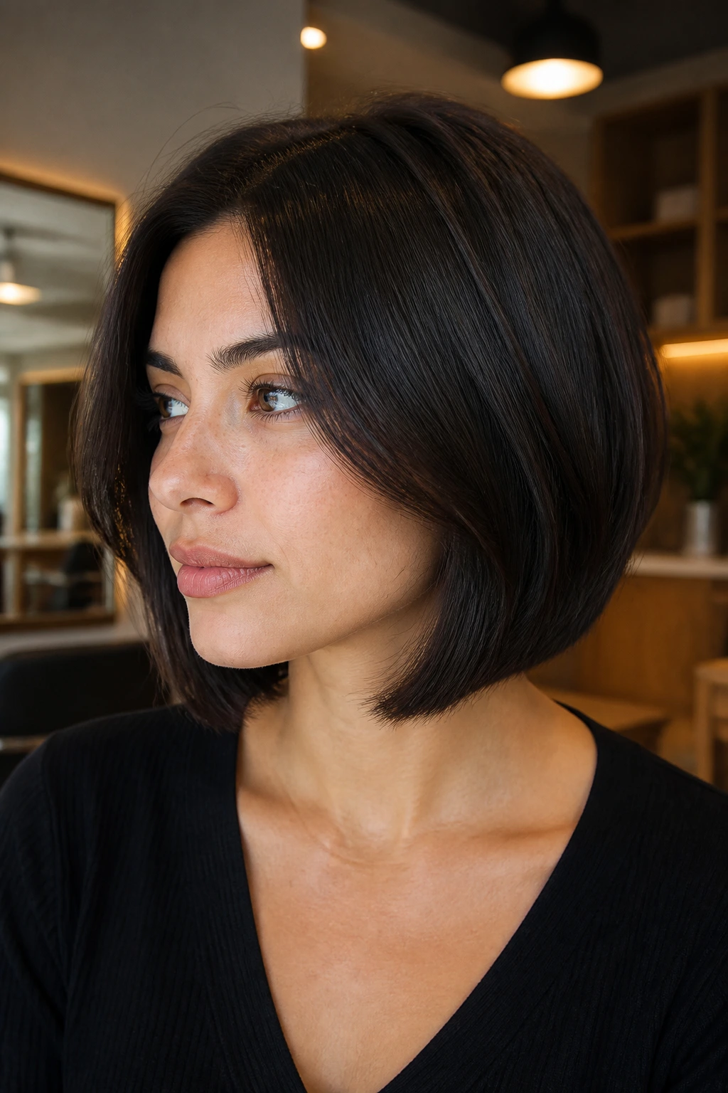Close-up of real person with Hidden Undercut Bob hairstyle in a salon-like setting