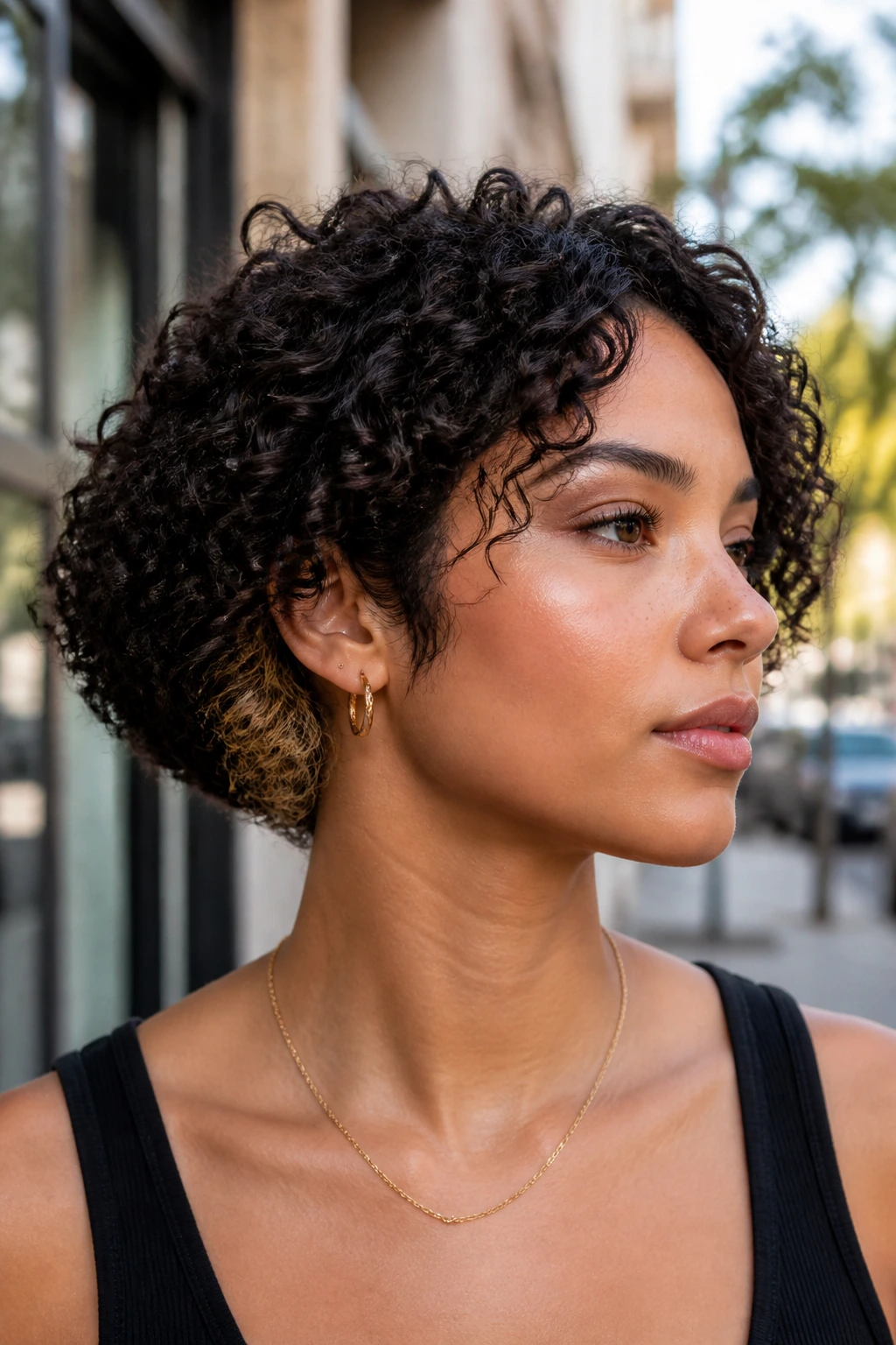 Side-angle portrait of chin-length curly cut with hidden undercut