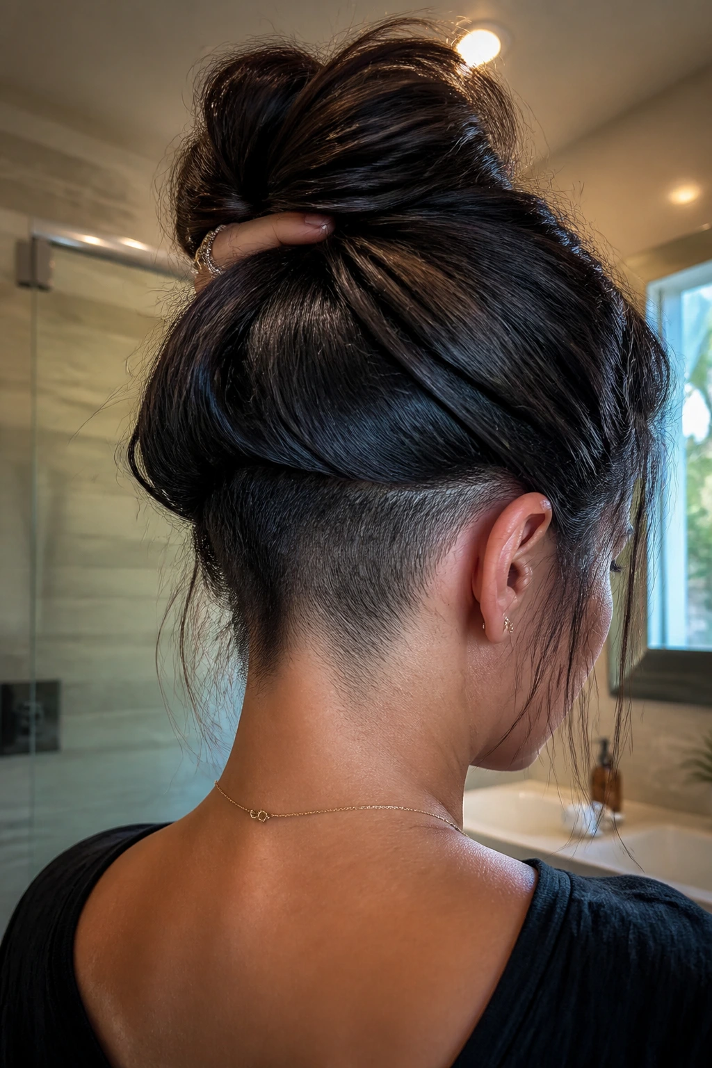 Back-of-head profile of a real woman with hidden undercut layers