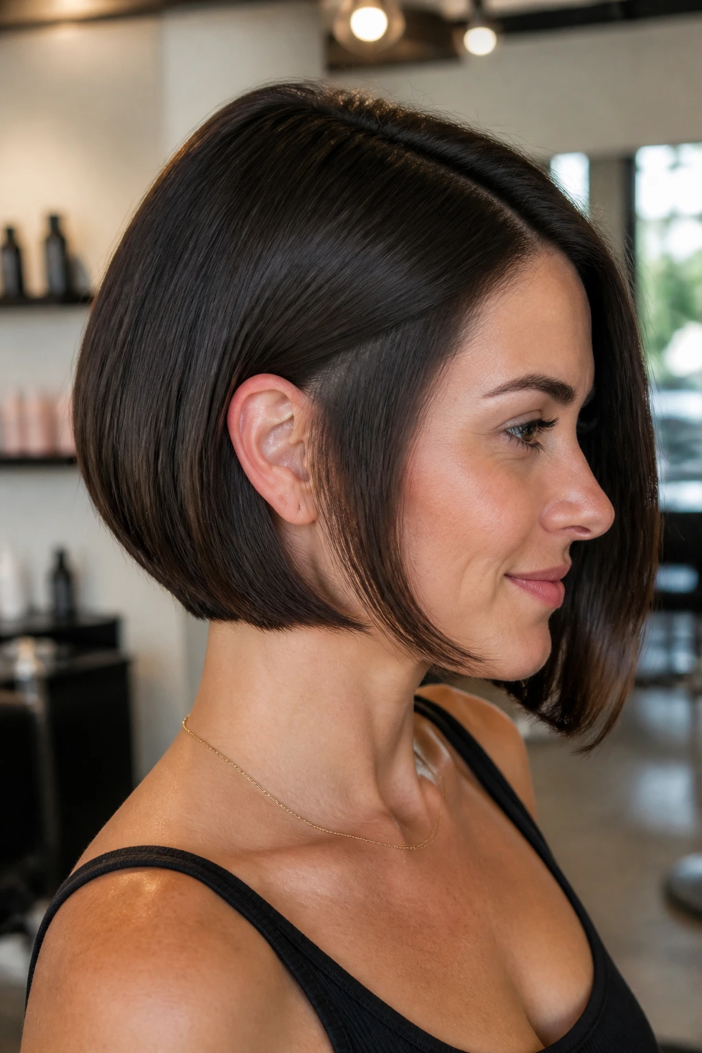 Close-up of a real woman with a hidden undercut lob showing a smooth nape silhouette