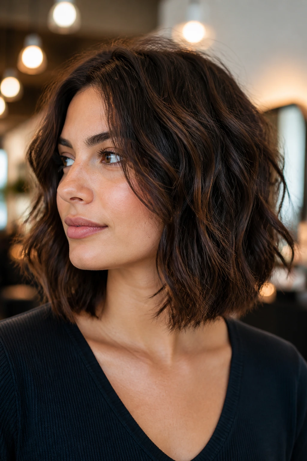 Portrait of a real woman with a hidden undercut lob showing top fullness and hidden undercut.