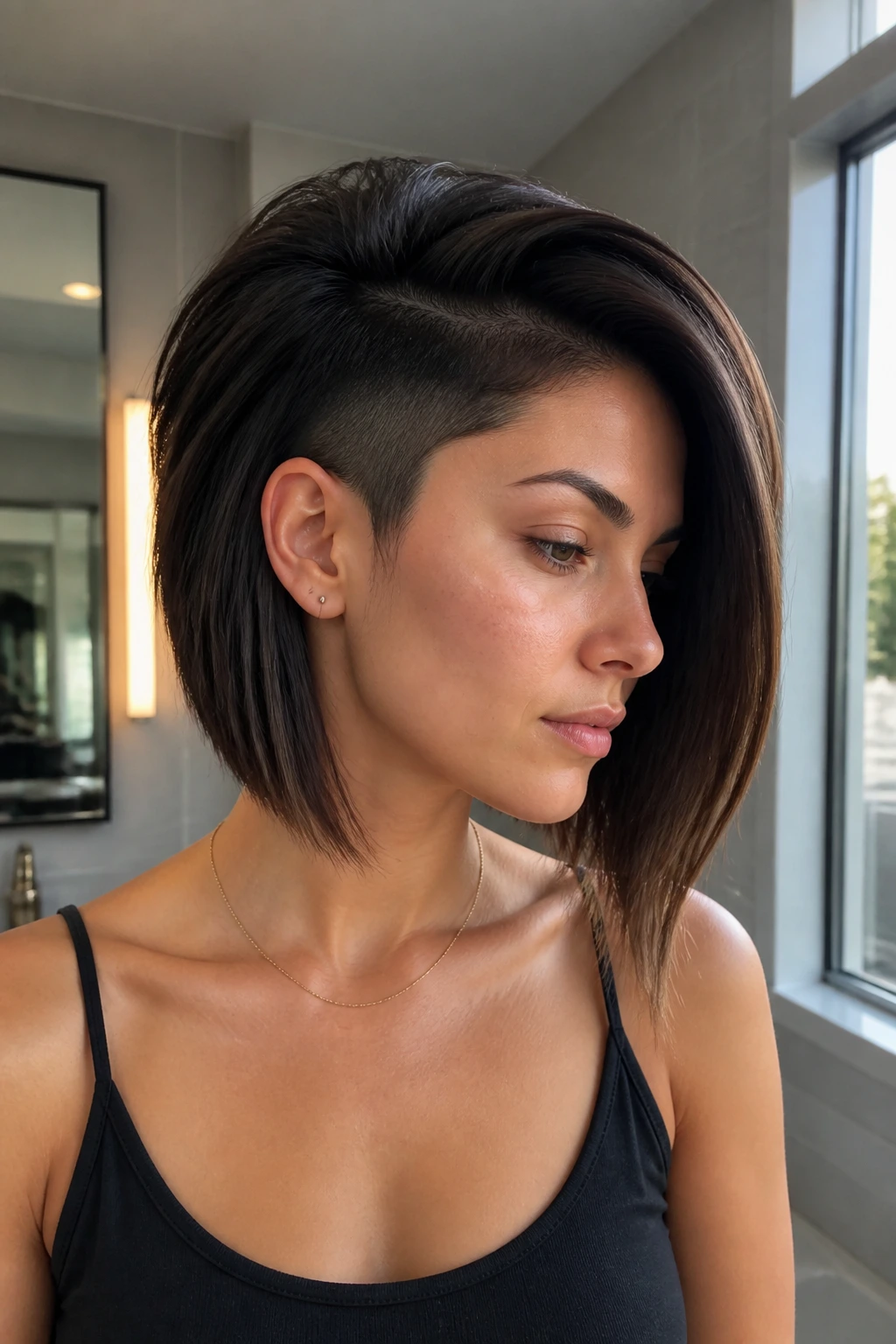 Close-up of a real person with a long bob featuring a hidden undercut from the side