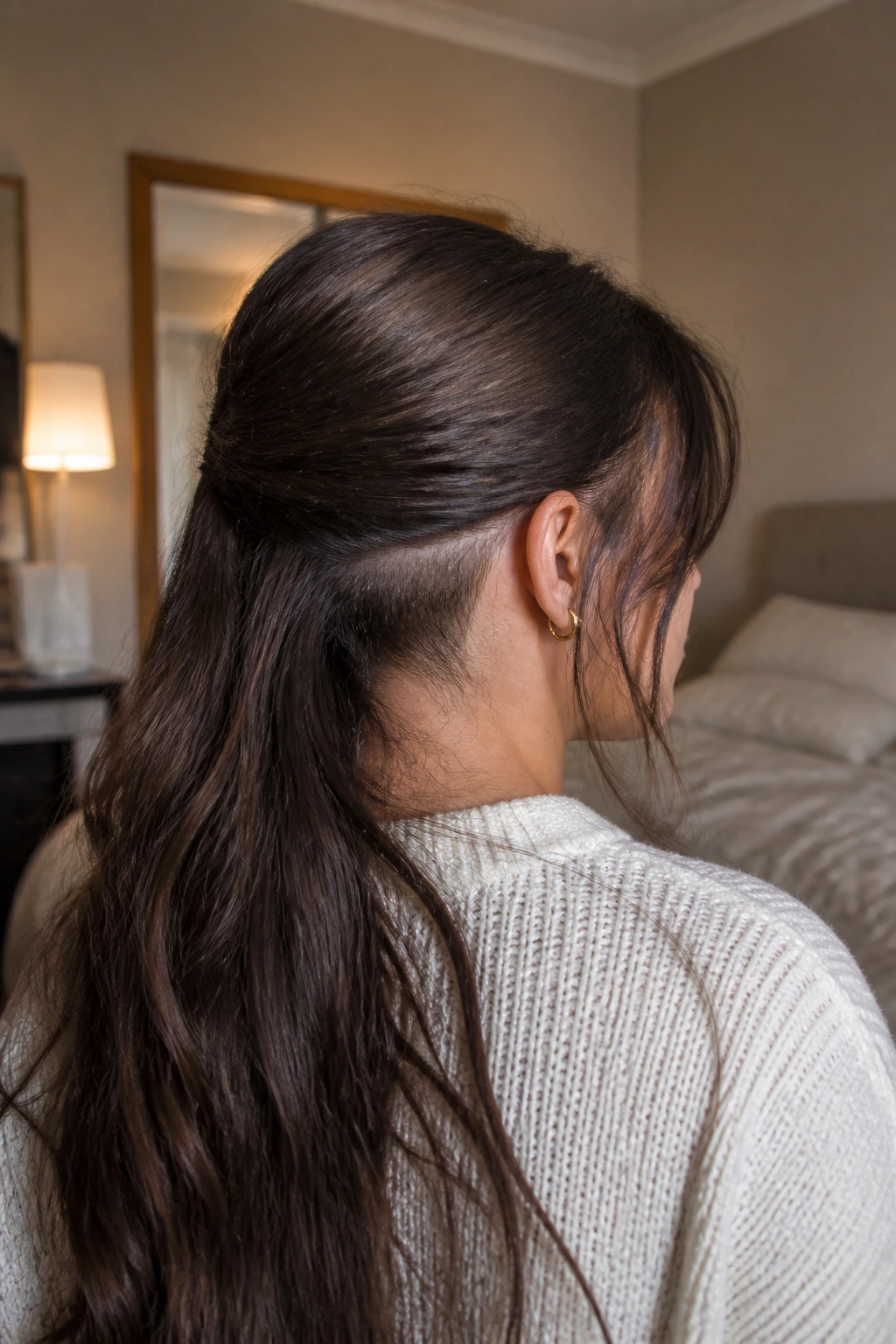 Three-quarter back view of a real woman showing hidden undercut at the nape