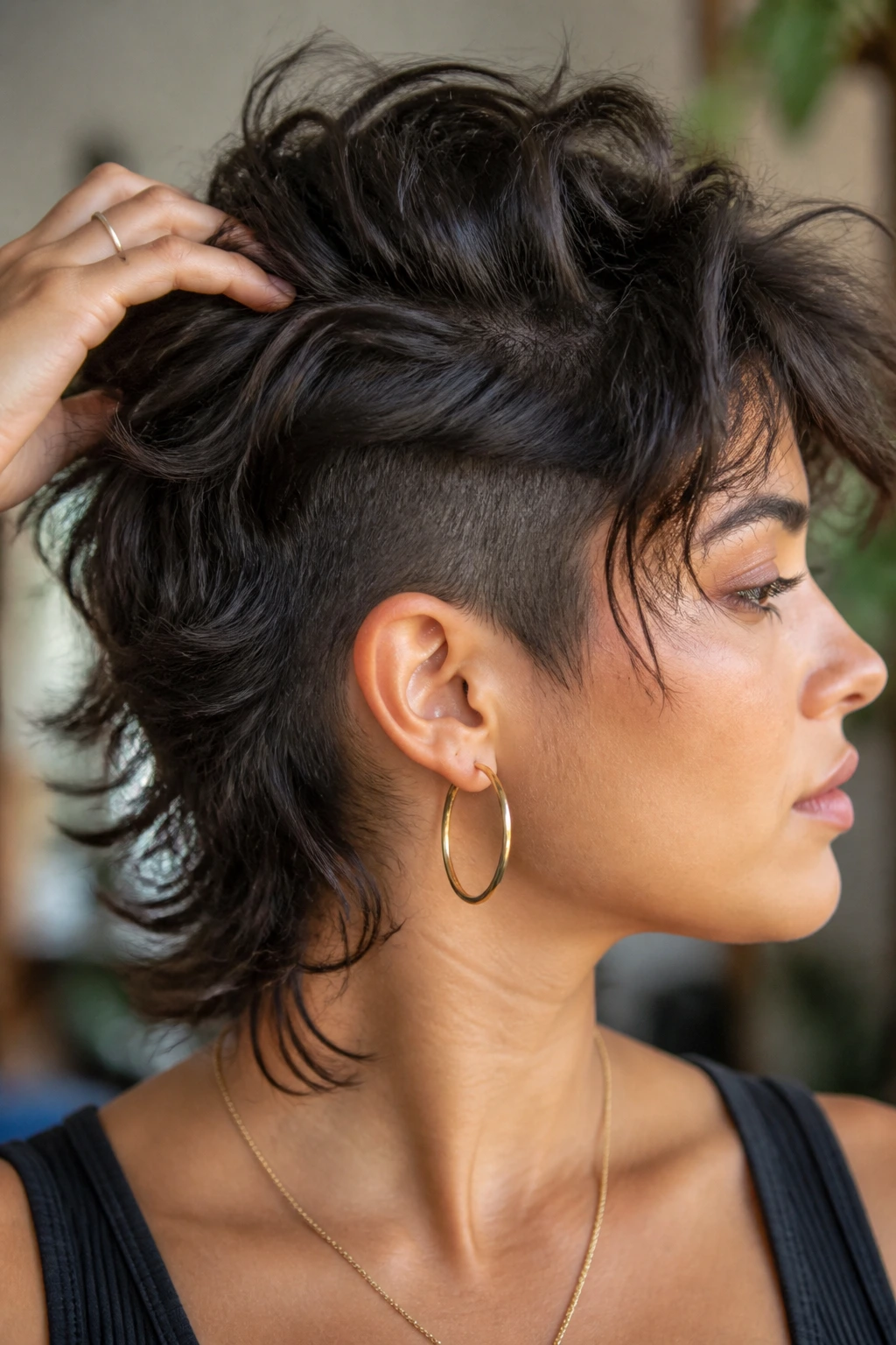Close-up portrait of a real person with hidden undercut mullet, shaggy top and concealed undercut