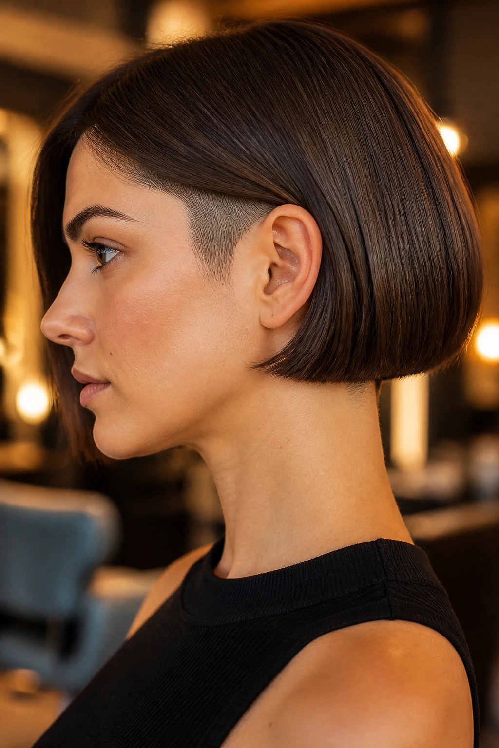 Profile portrait of a real person with a cropped pageboy and subtle hidden undercut