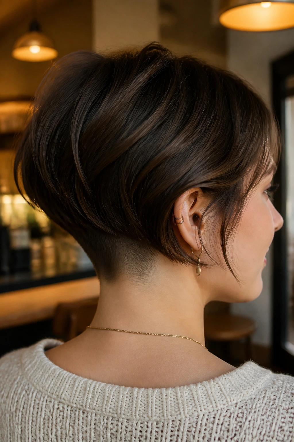 Back/side portrait showing hidden undercut pixie bob with top covering the undercut.