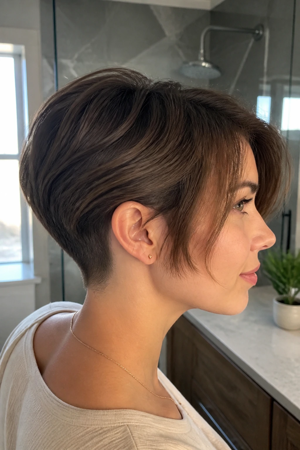 Portrait of real woman with hidden undercut pixie bob