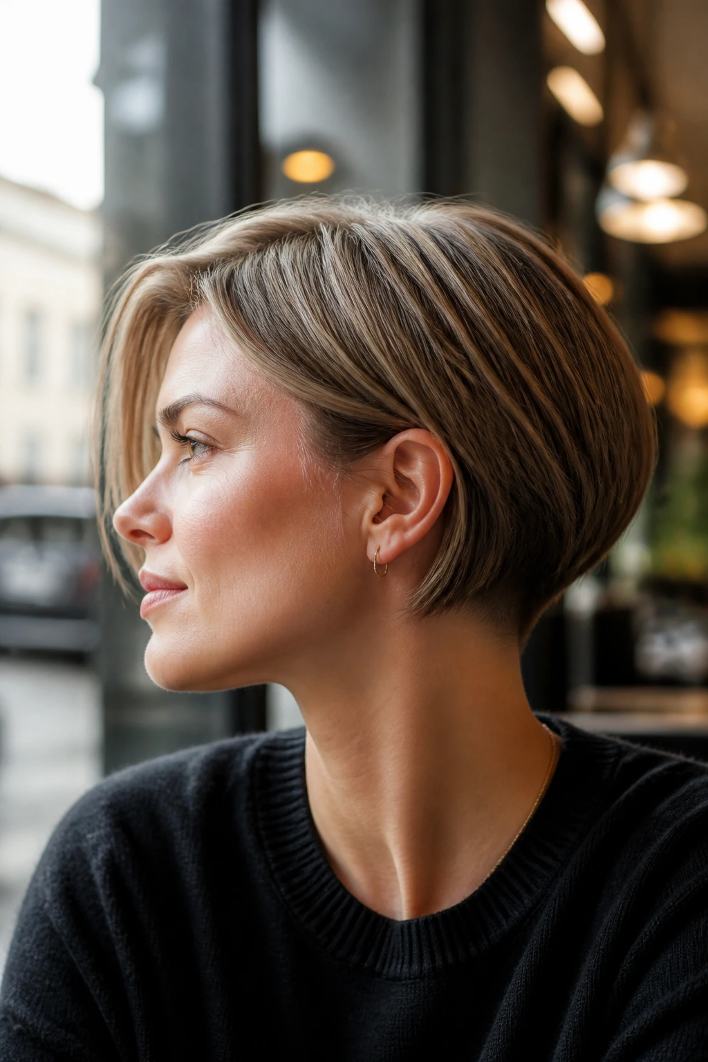 Side-profile of a real person with hidden undercut pixie bob