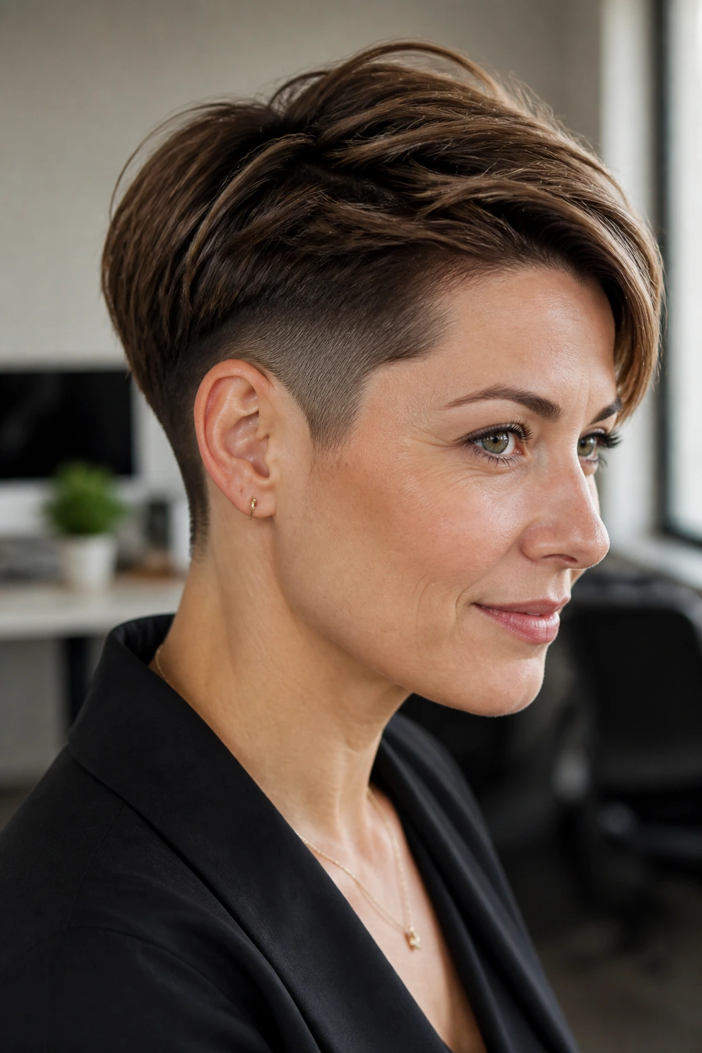 Three-quarter view of a real woman showing a hidden undercut beneath a pixie hairstyle