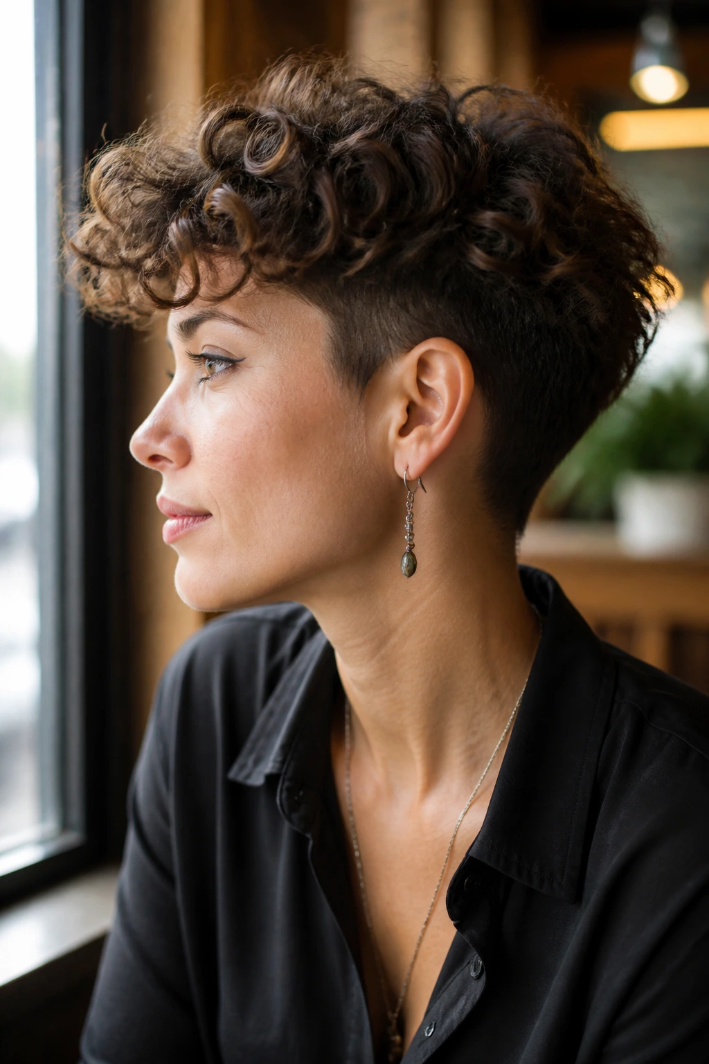Portrait showing hidden undercut pixie wolf on a real woman.