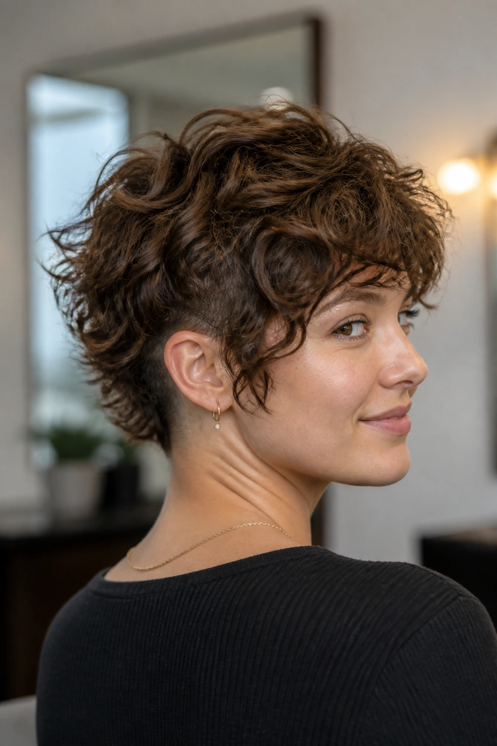 Close-up of a real woman with hidden undercut shag showing concealed nape undercut