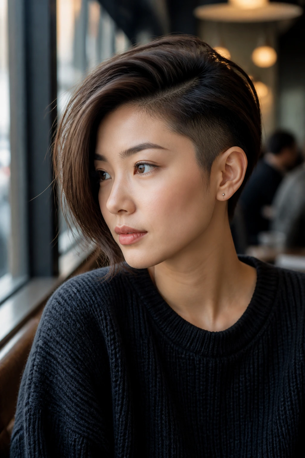 Portrait of a real woman with hidden undercut and side-swept top