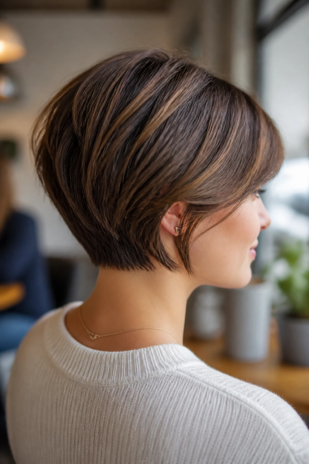 Rear three-quarter portrait of a real woman with hidden undercut stack hairstyle