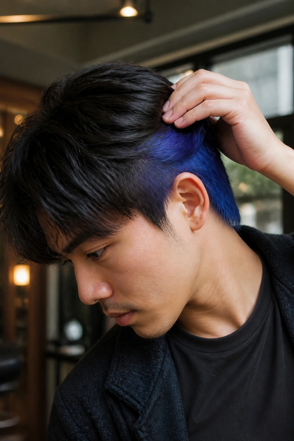 Close-up of a real person showing hidden underdye peeking from beneath top hair