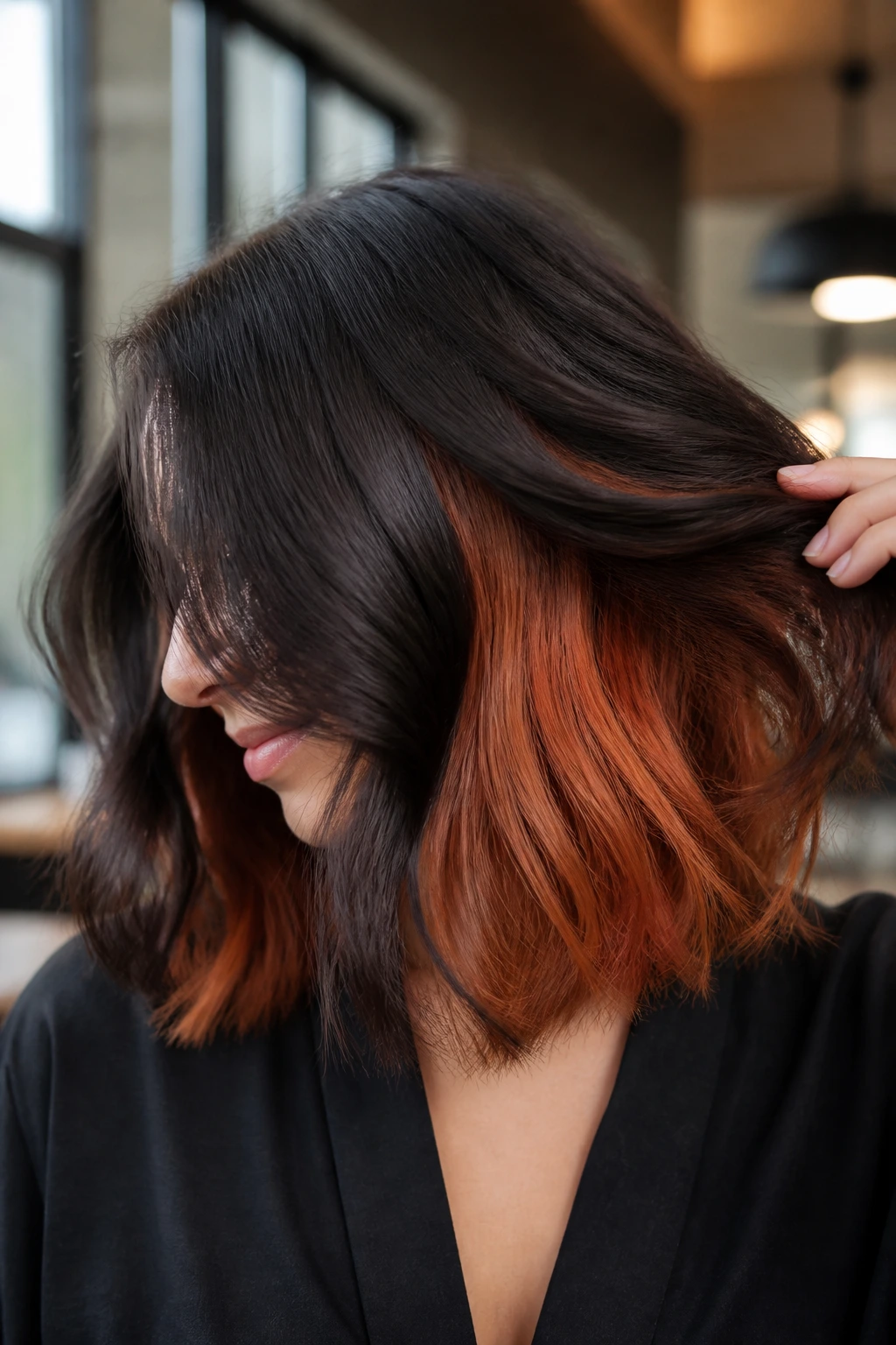 Close-up of a real woman showing copper underlights beneath the top hair layer in natural light