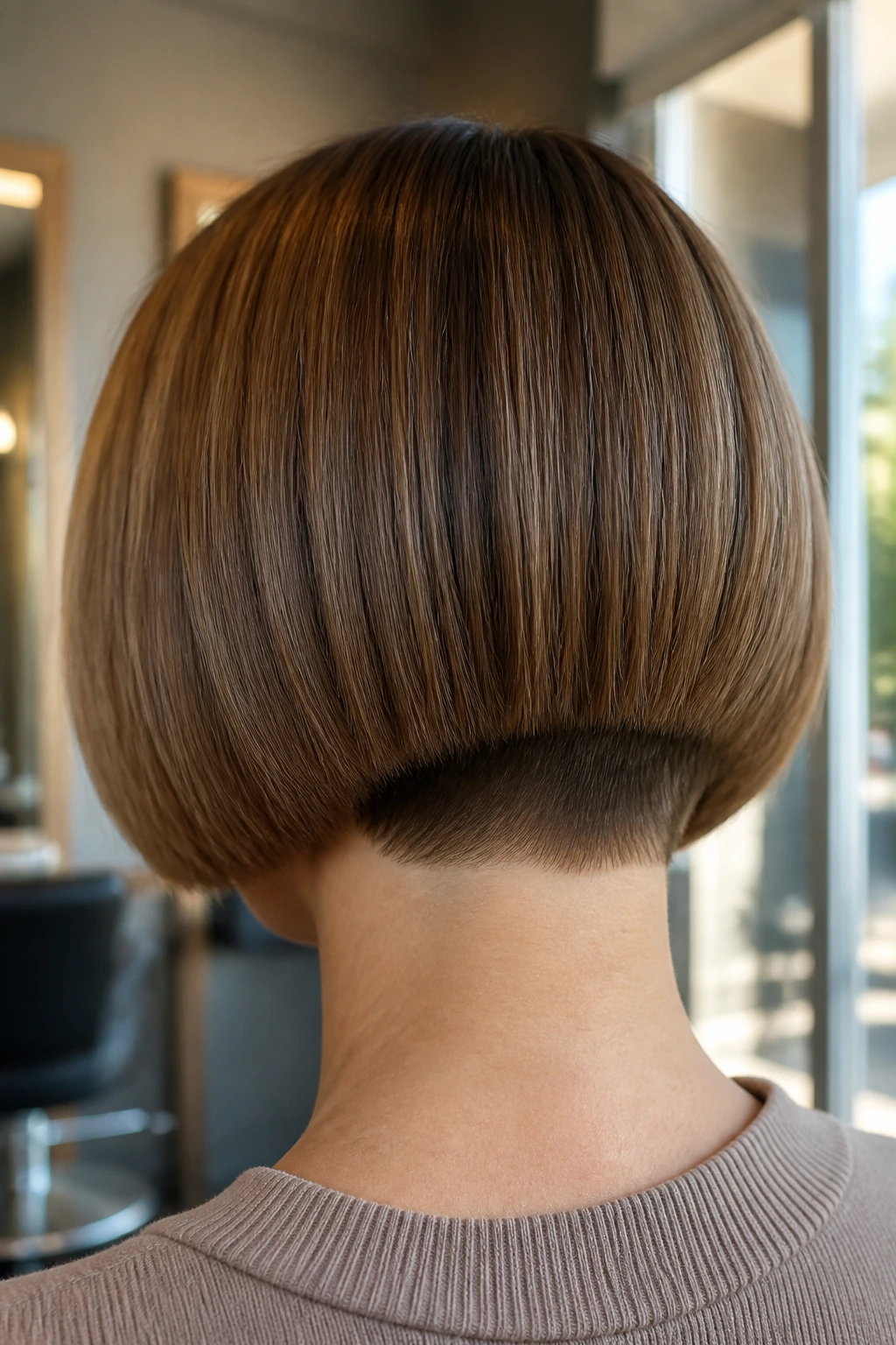 Back-of-head shot of woman with hidden-weight stack bob at nape