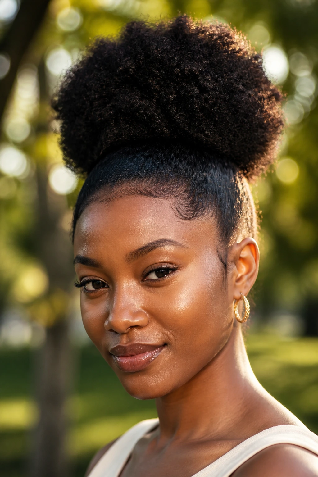 Close-up of a real person with a high Afro puff outdoors in golden hour light.